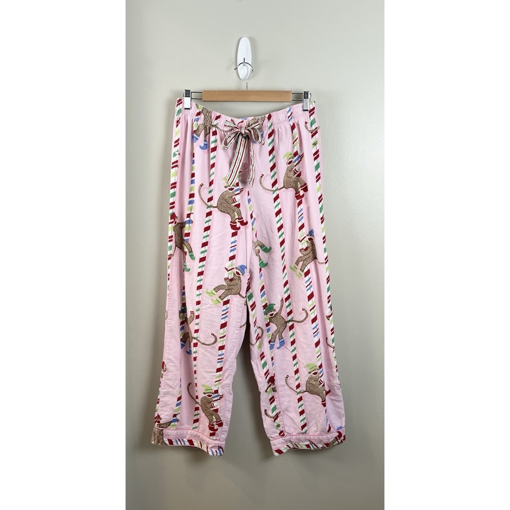 Nick And Nora Christmas Sock Monkey Flannel Pajama Pants Pink Womens Medium